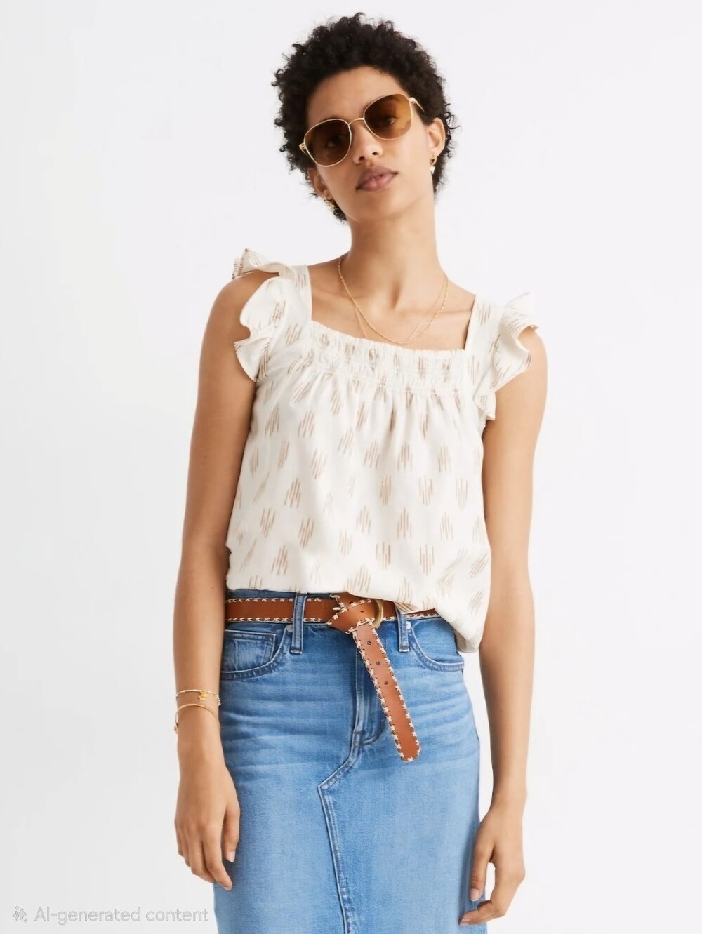 Madewell Ikat Smocked Flutter Sleeve Tank Top Blouse Neutral Size XS EUC